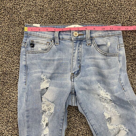KANCAN 3/25 Low Rise Light Wash Distressed Thrashed Skinny Jeans 90s Y2K Biker - Picture 10 of 16